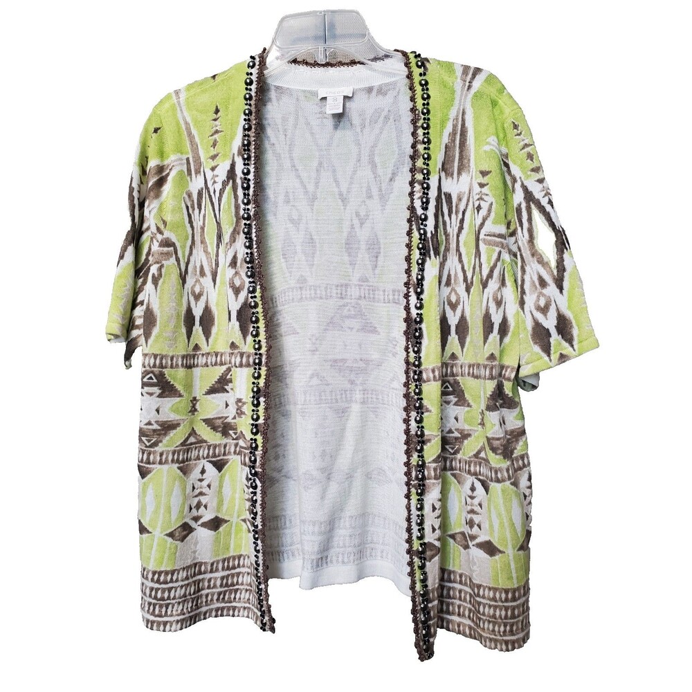 Chico's Aztec Studded Beaded Short Sleeve Open Front Cardigan Topper Size 3 (XL)